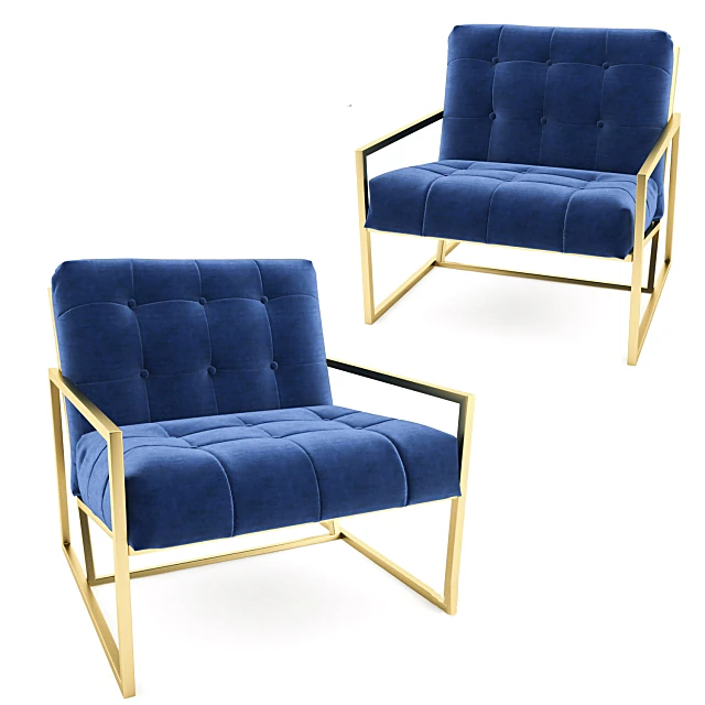 Lounge Armchair with Blue Velvet and Gold Frame