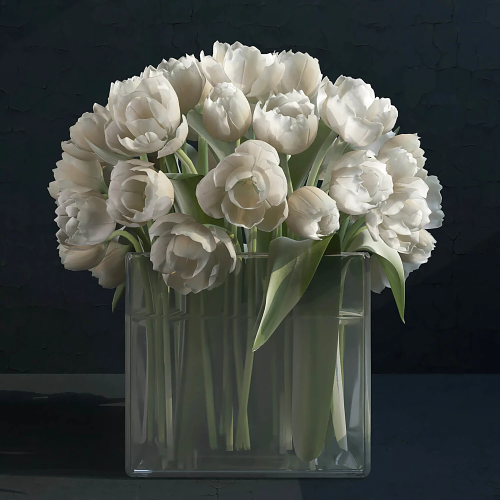 Bouquet di tulipani in un vaso con fiori bianchi