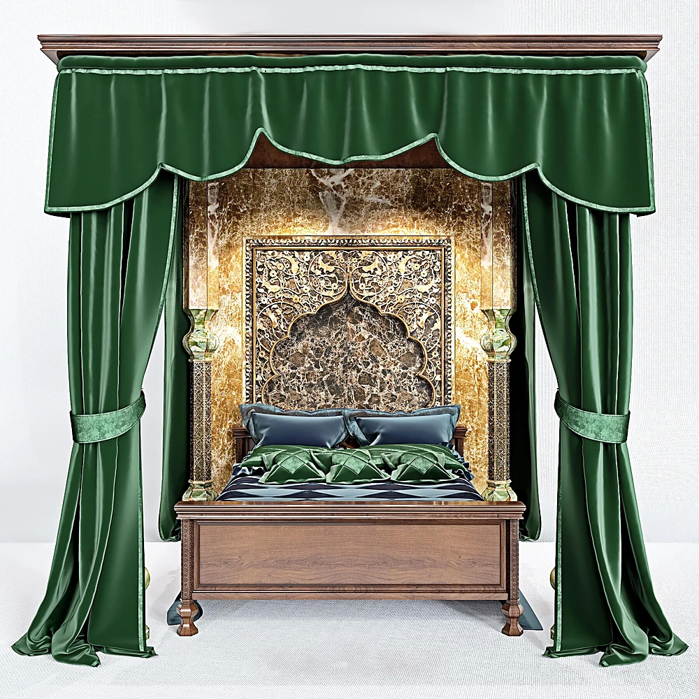 Ornate Wooden Canopy Bed with Green Velvet Drapes