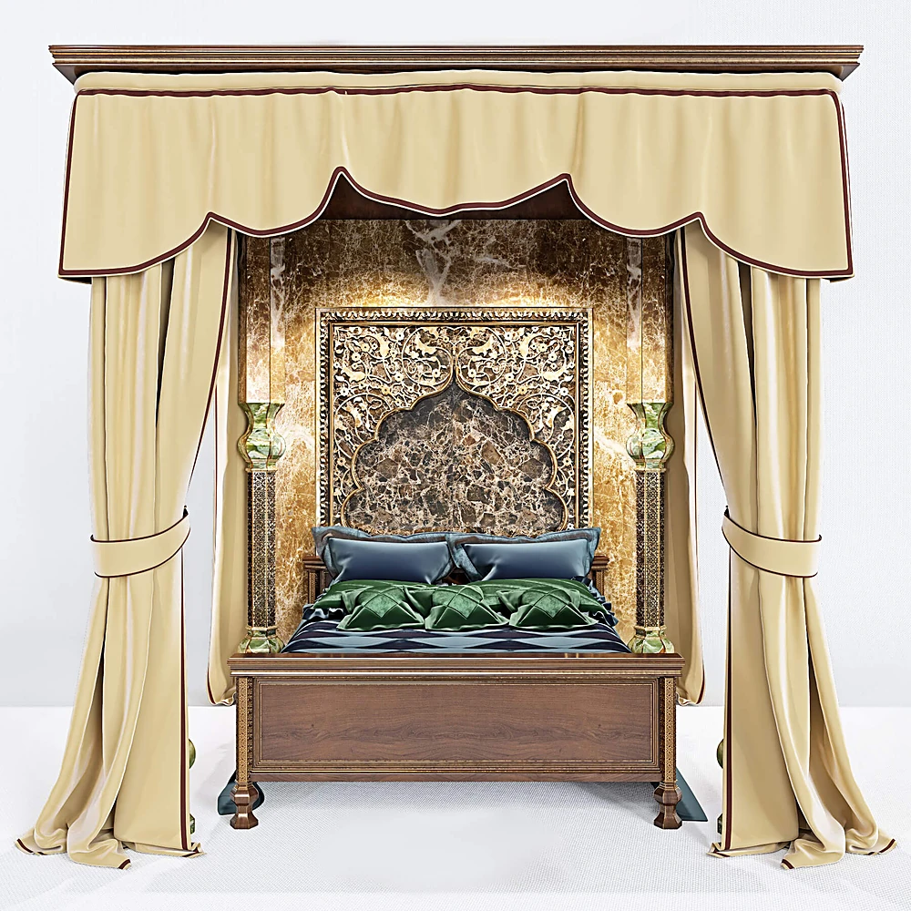 Ornate Wooden Canopy Bed with Green Velvet Drapes (2)