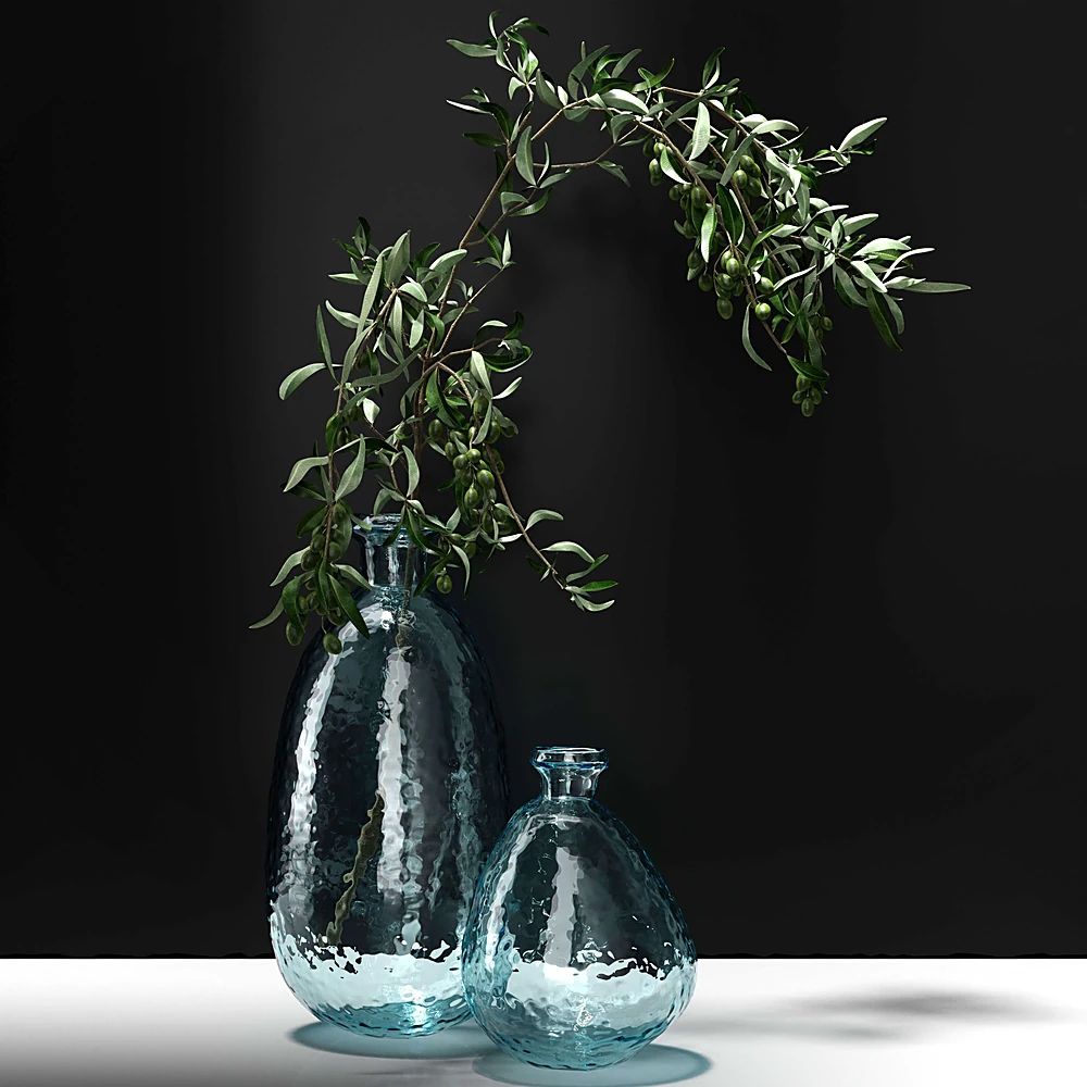 Olive Branches in Vases with Hammered Glass