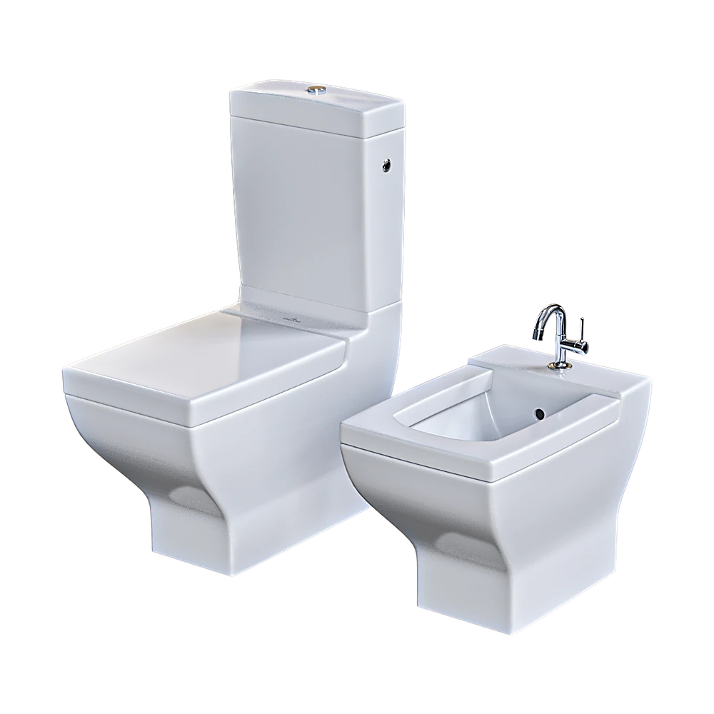 Modern Toilet and Bidet Set in White Ceramic