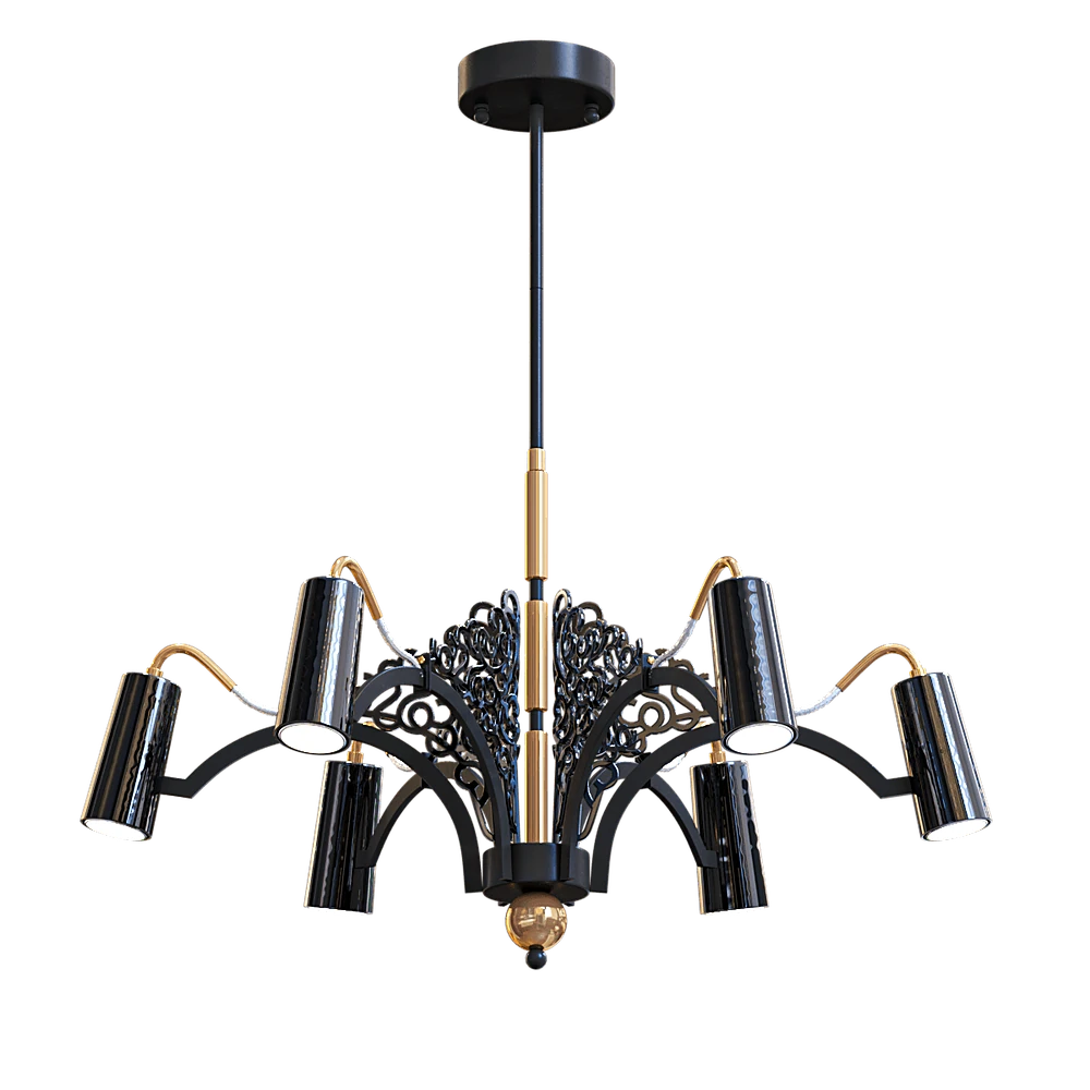 Pendant Chandelier with Ornate Black and Gold Metal