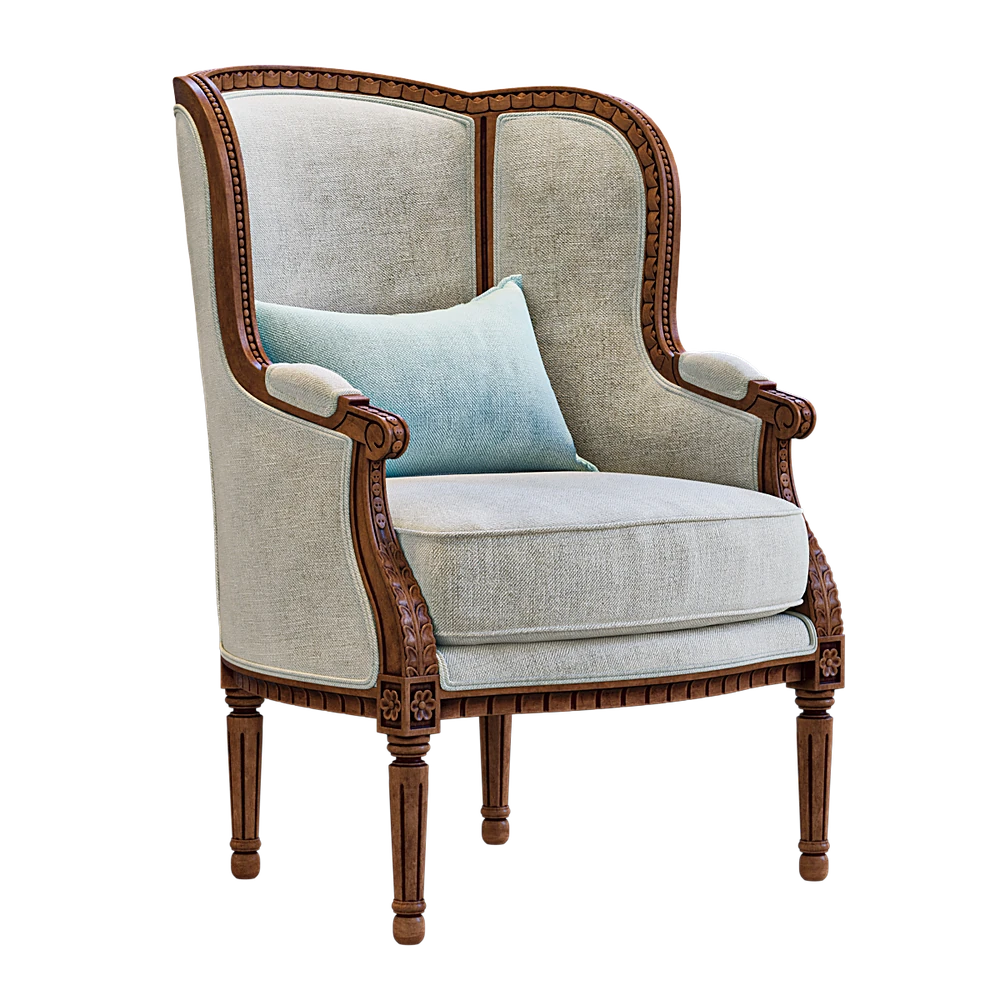 Classic Wing Armchair with Carved Wood Frame
