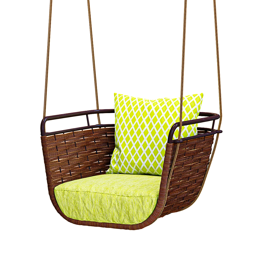 Hanging Rattan Armchair with Green Cushions