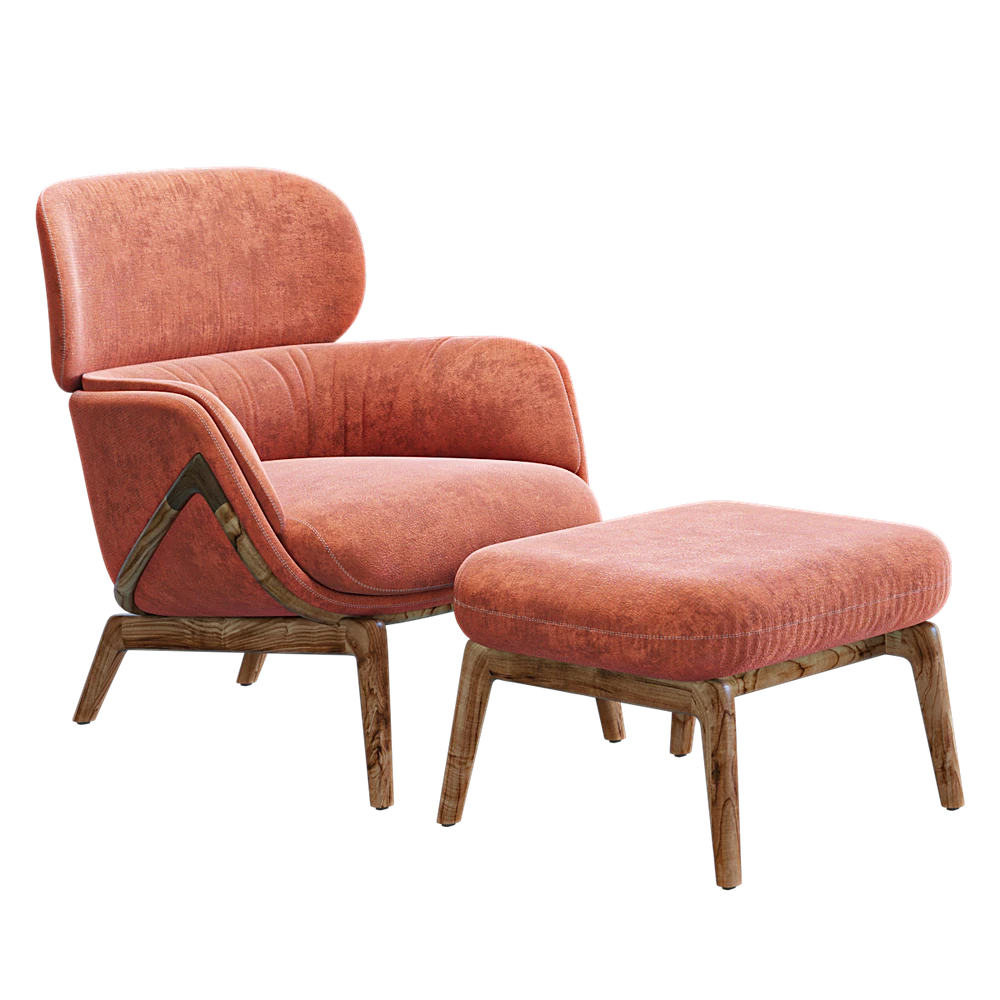 Lounge Armchair and Pouf Set with Velvet Fabric and Wooden Legs
