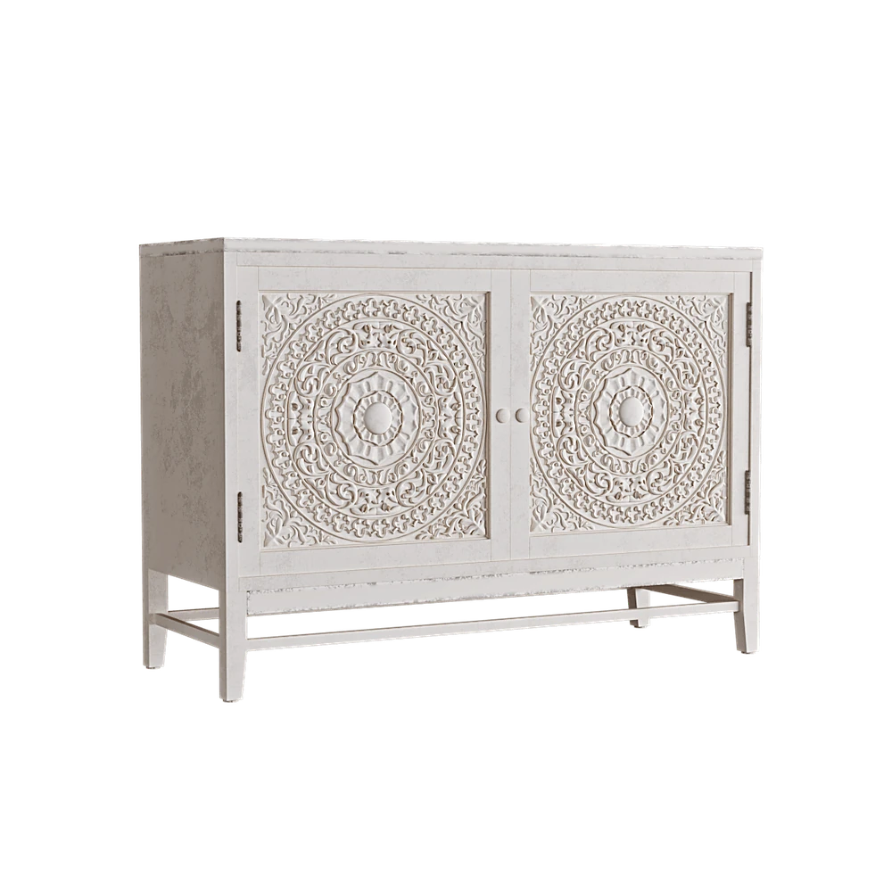 Chest of Drawer with Intricate Carvings and Creamy White Finish