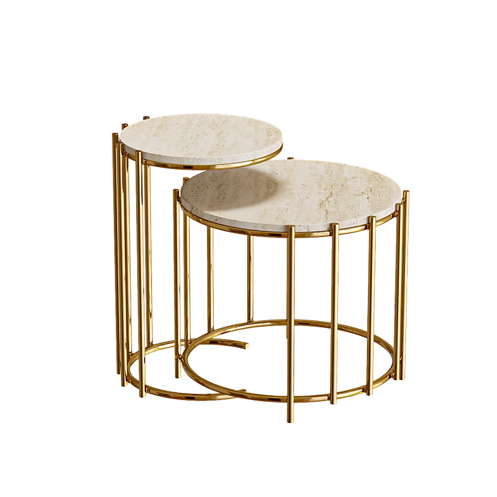 Round Nesting Tables with Travertine Top and Brass Base