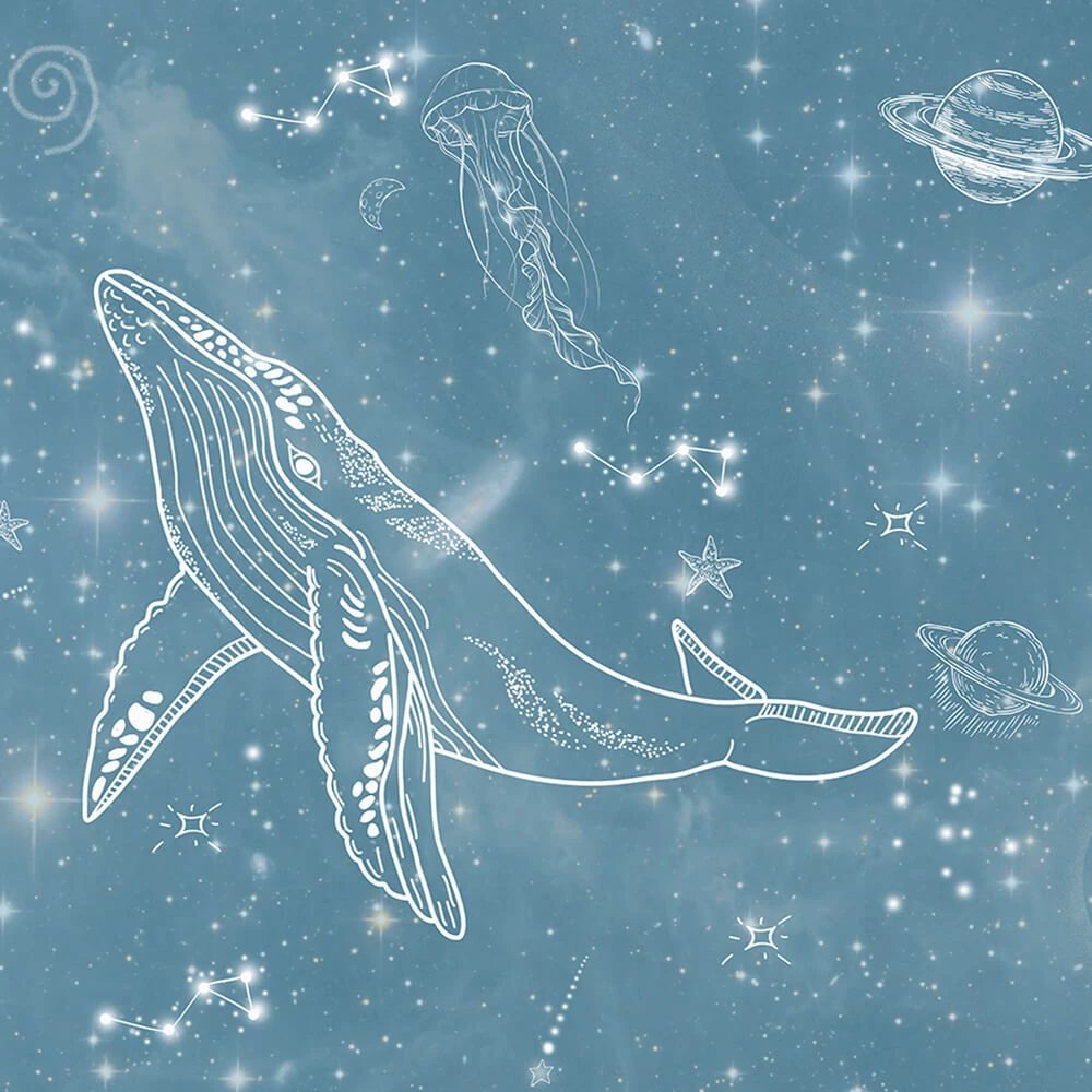 Wallpaper ArtFresco graphic whale with planets on a blue background