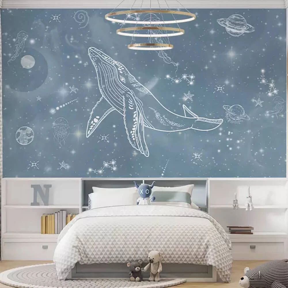 Wallpaper ArtFresco graphic whale with planets on a blue background (2)