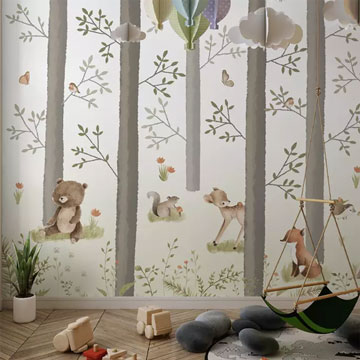 Wallpaper children's forest with animals on a green background ...