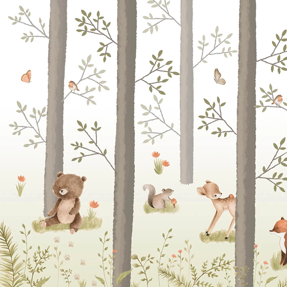 Wallpaper ArtFresco children's forest with animals on a green background