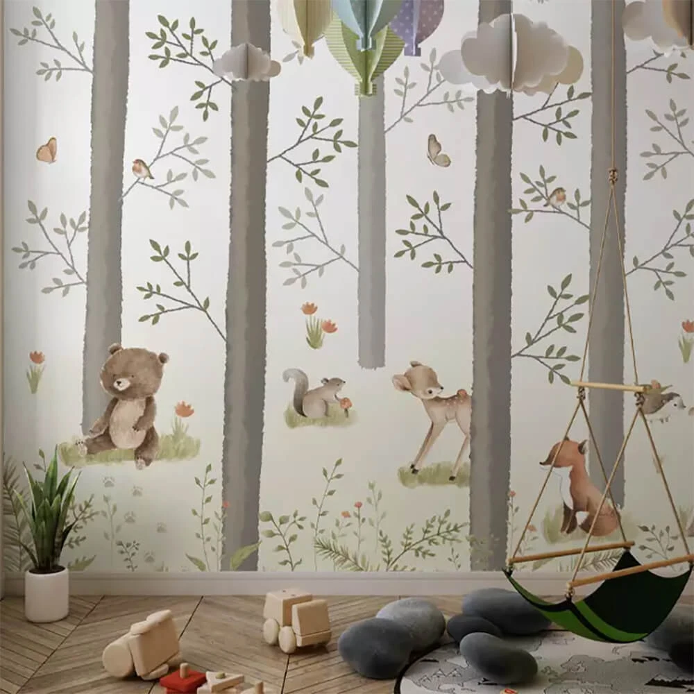 Wallpaper ArtFresco children's forest with animals on a green background (2)
