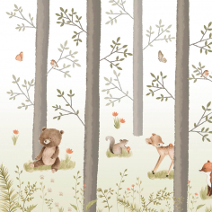 Wallpaper children's forest with animals on a green background