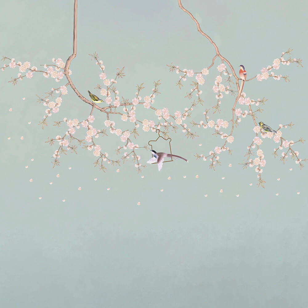 Wall Covering Texture ArtFresco Chinoiserie on a pale blue background