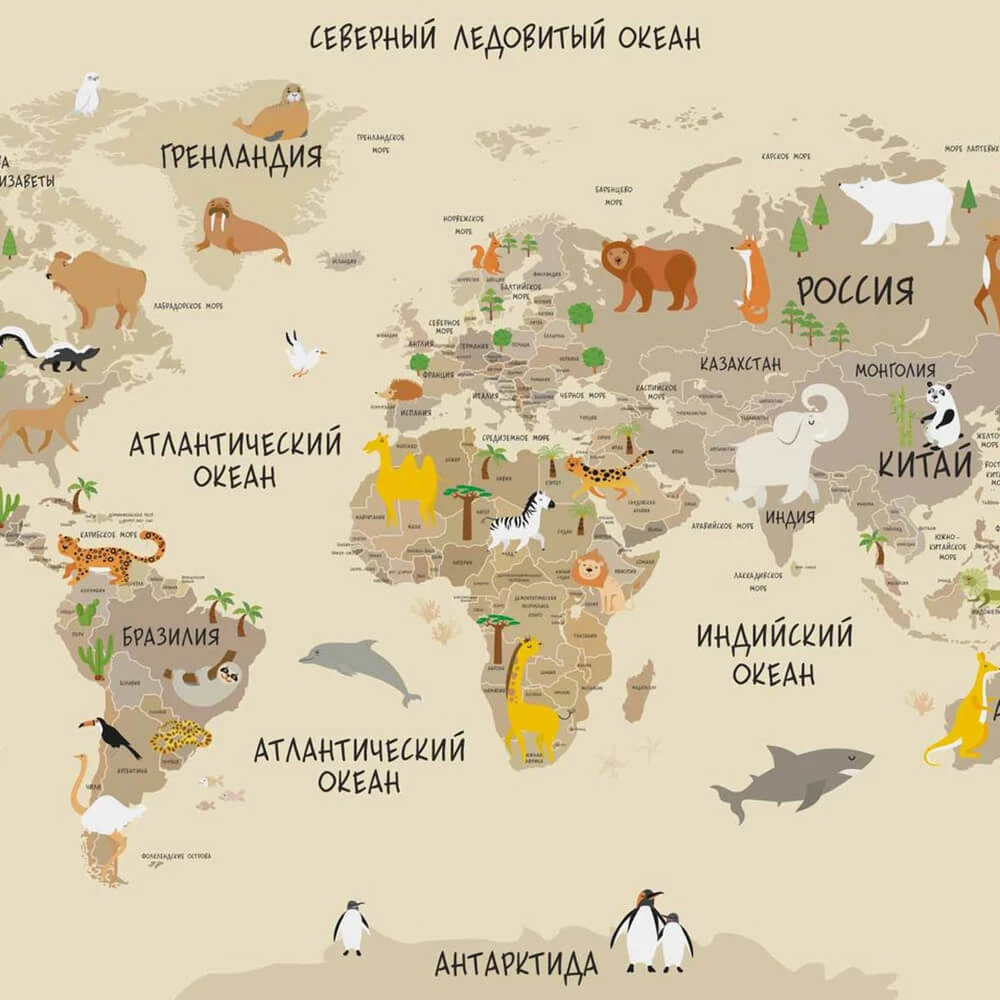 Wallpaper ROCK AND WALL World map with animals and plants