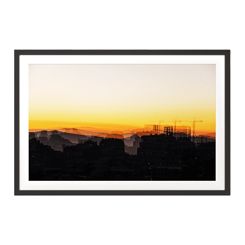Framed Picture with Abstract Cityscape Sunset
