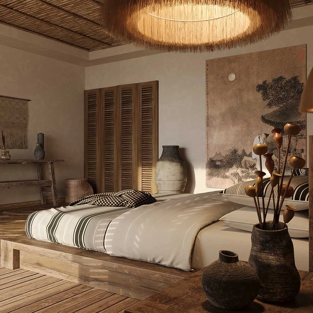 Wabi-sabi Bedroom Interior 3D Scene (2)