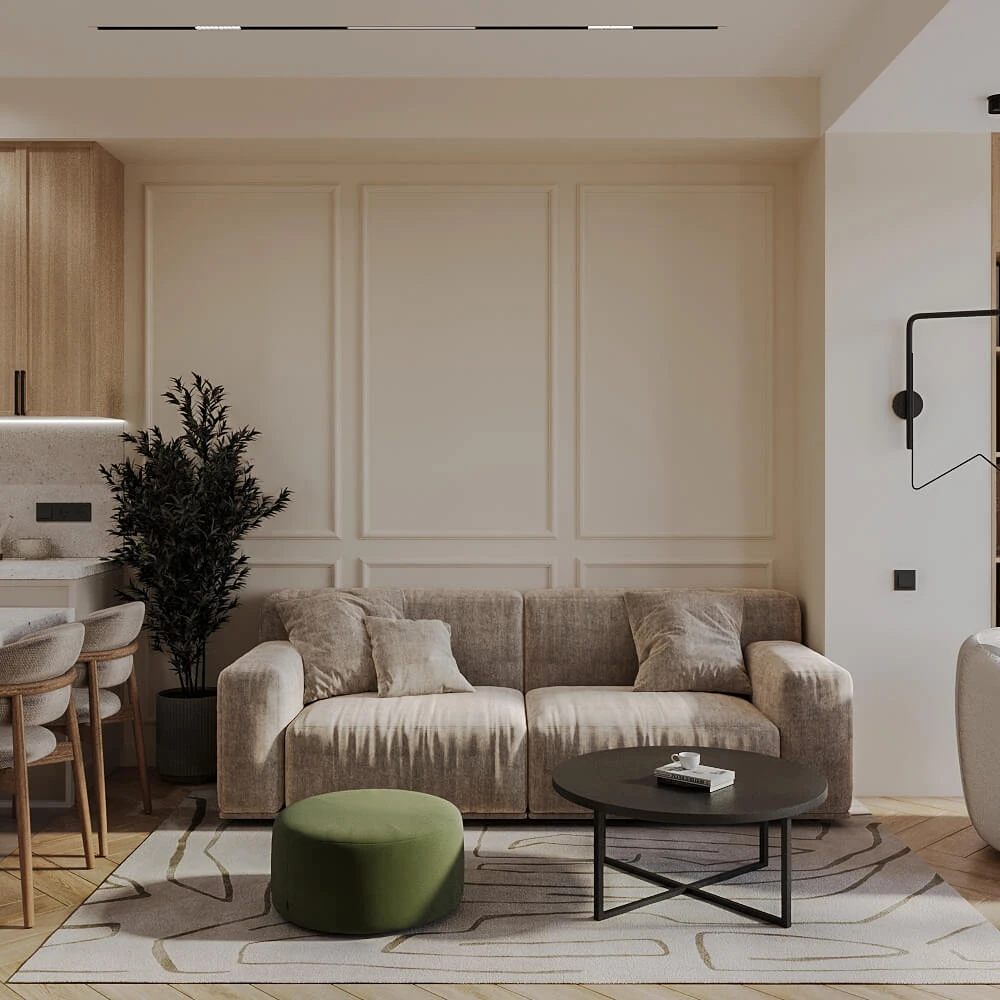 Modern Residential Living Room and Kitchen 3D Scene