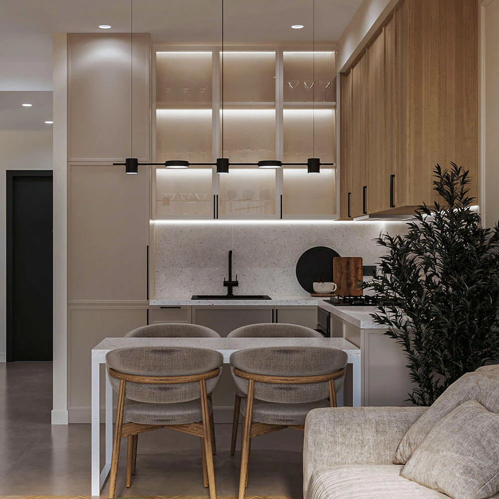 Modern Residential Living Room and Kitchen 3D Scene (2)