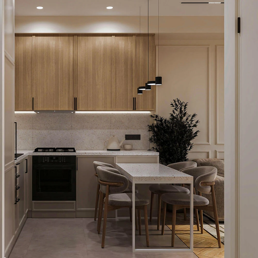 Modern Residential Living Room and Kitchen 3D Scene (4)