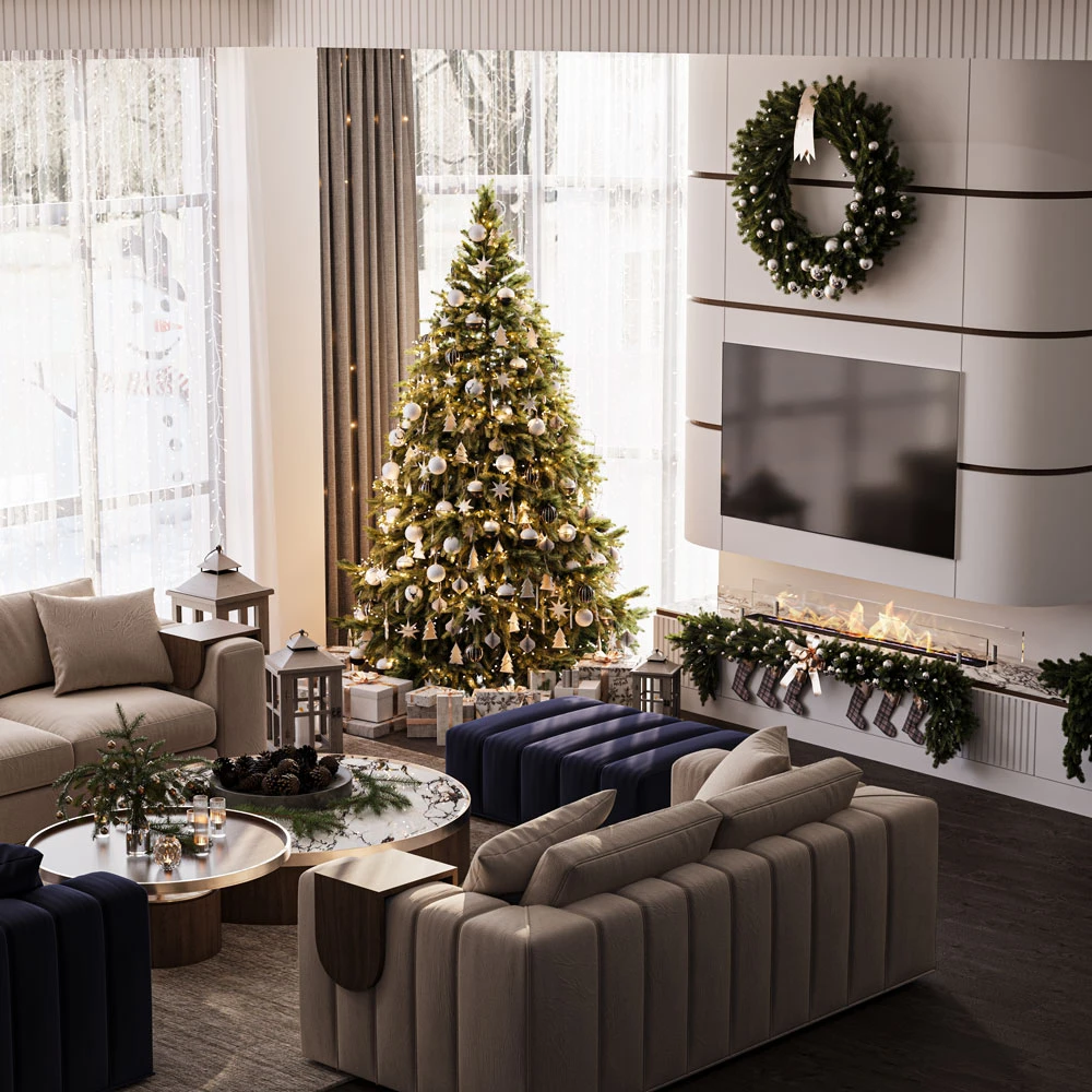 Modern Festive Christmas Living Room 3D Scene
