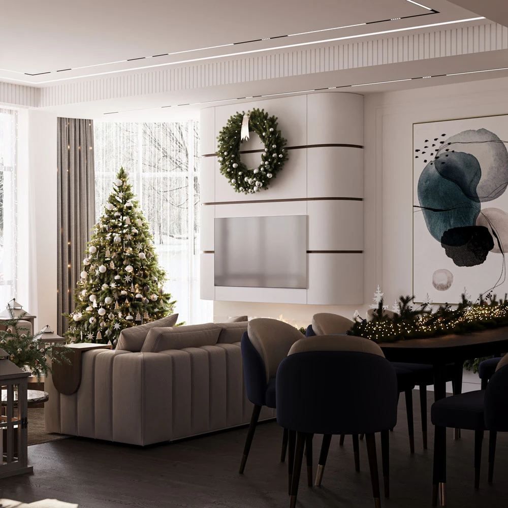 Modern Festive Christmas Living Room 3D Scene (3)