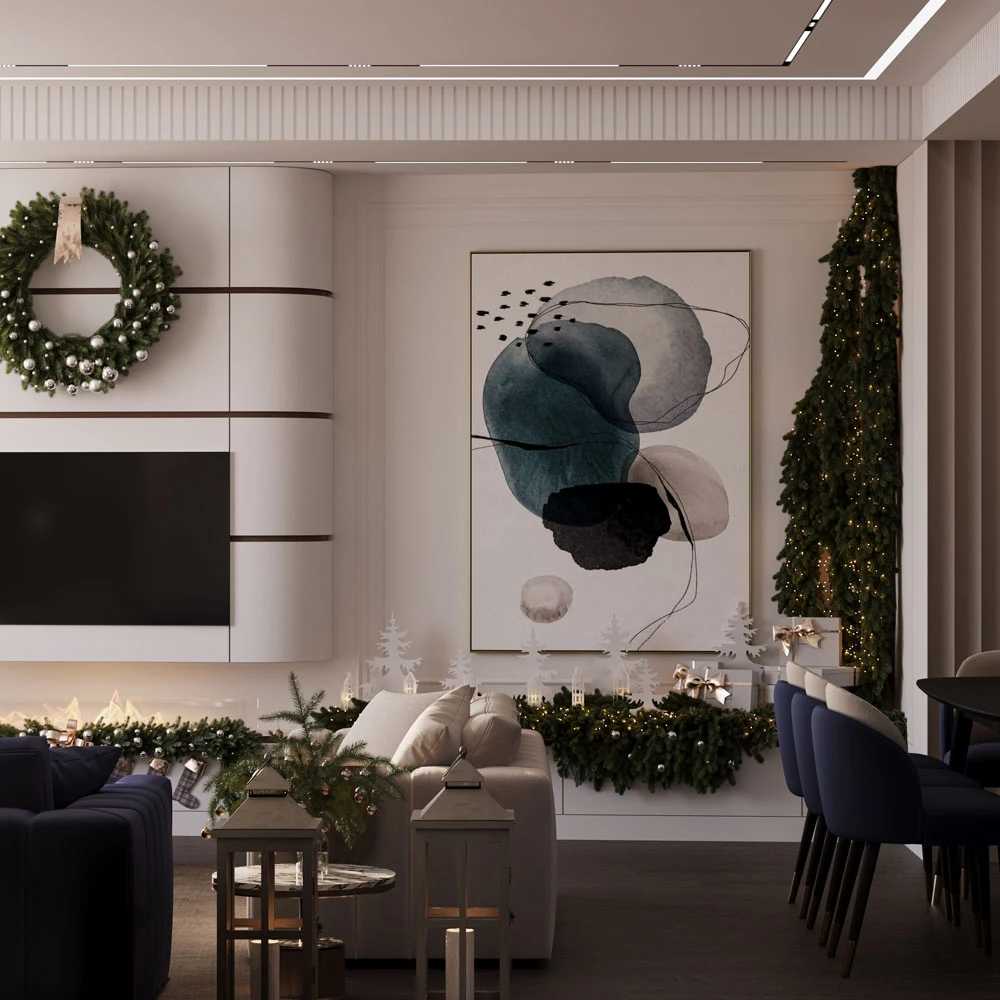 Modern Festive Christmas Living Room 3D Scene (4)