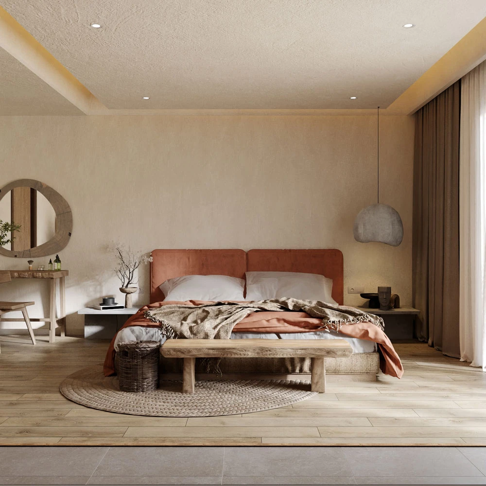 Wabi-sabi Serene Master Bedroom and Bathroom 3D Scene