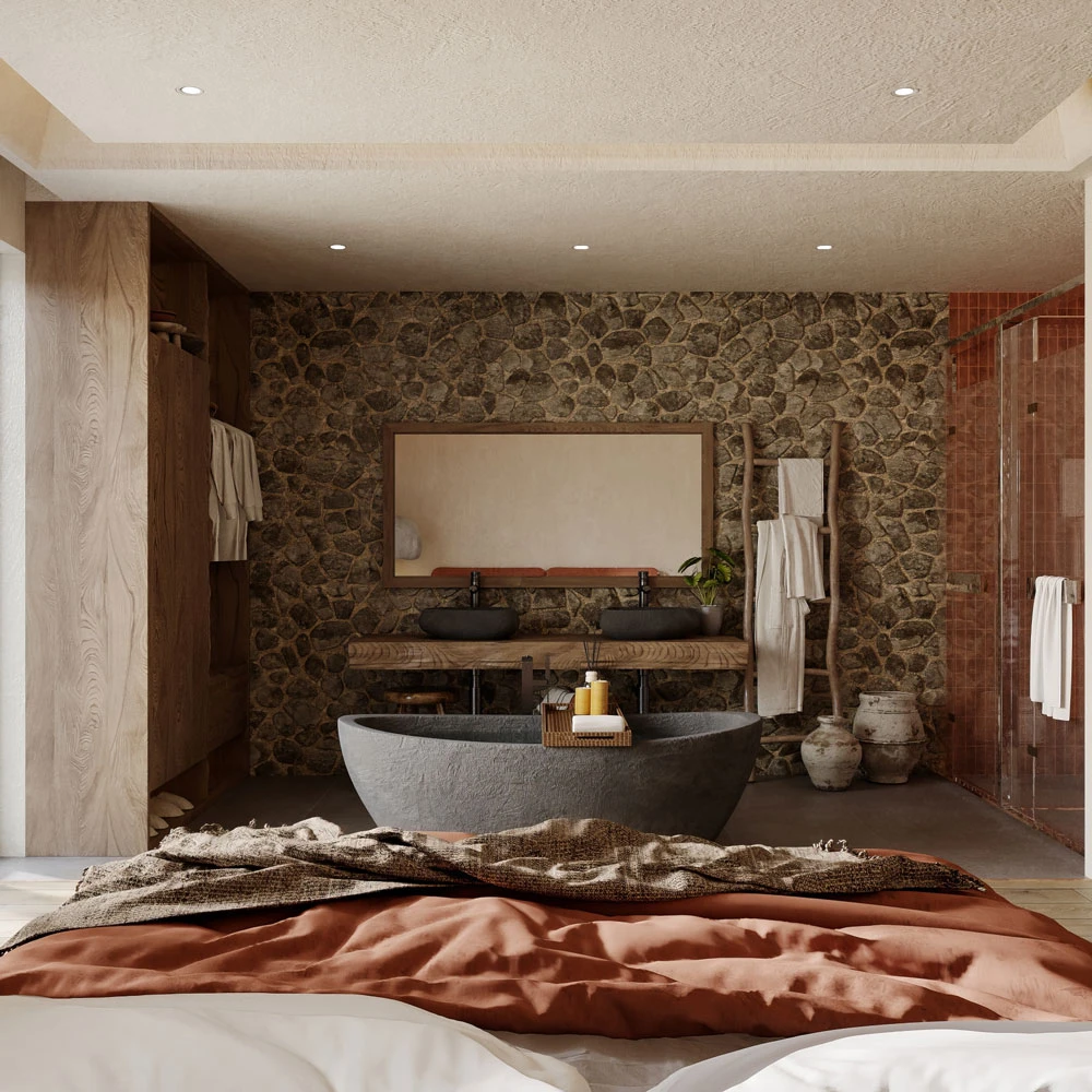 Wabi-sabi Serene Master Bedroom and Bathroom 3D Scene (2)