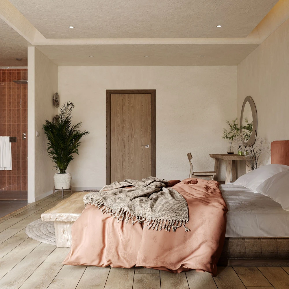 Wabi-sabi Serene Master Bedroom and Bathroom 3D Scene (4)