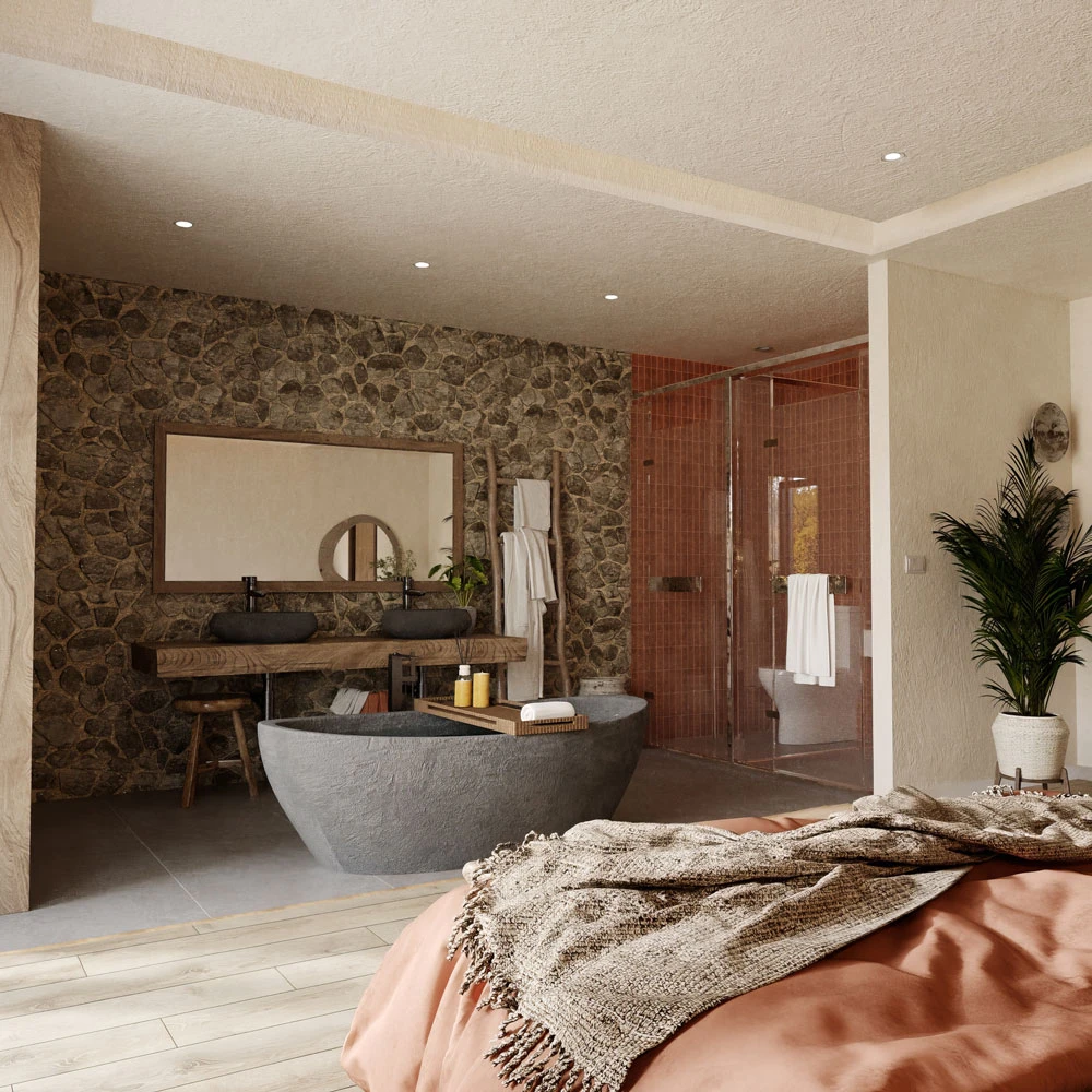 Wabi-sabi Serene Master Bedroom and Bathroom 3D Scene (6)