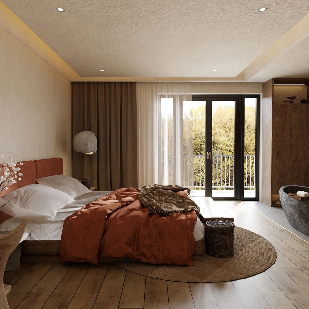 Wabi-sabi Serene Master Bedroom and Bathroom 3D Scene (7)