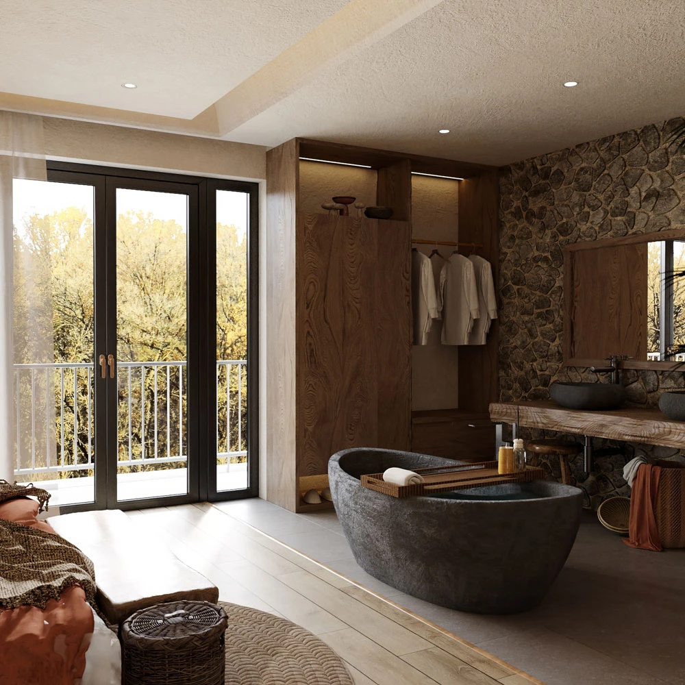 Wabi-sabi Serene Master Bedroom and Bathroom 3D Scene (8)