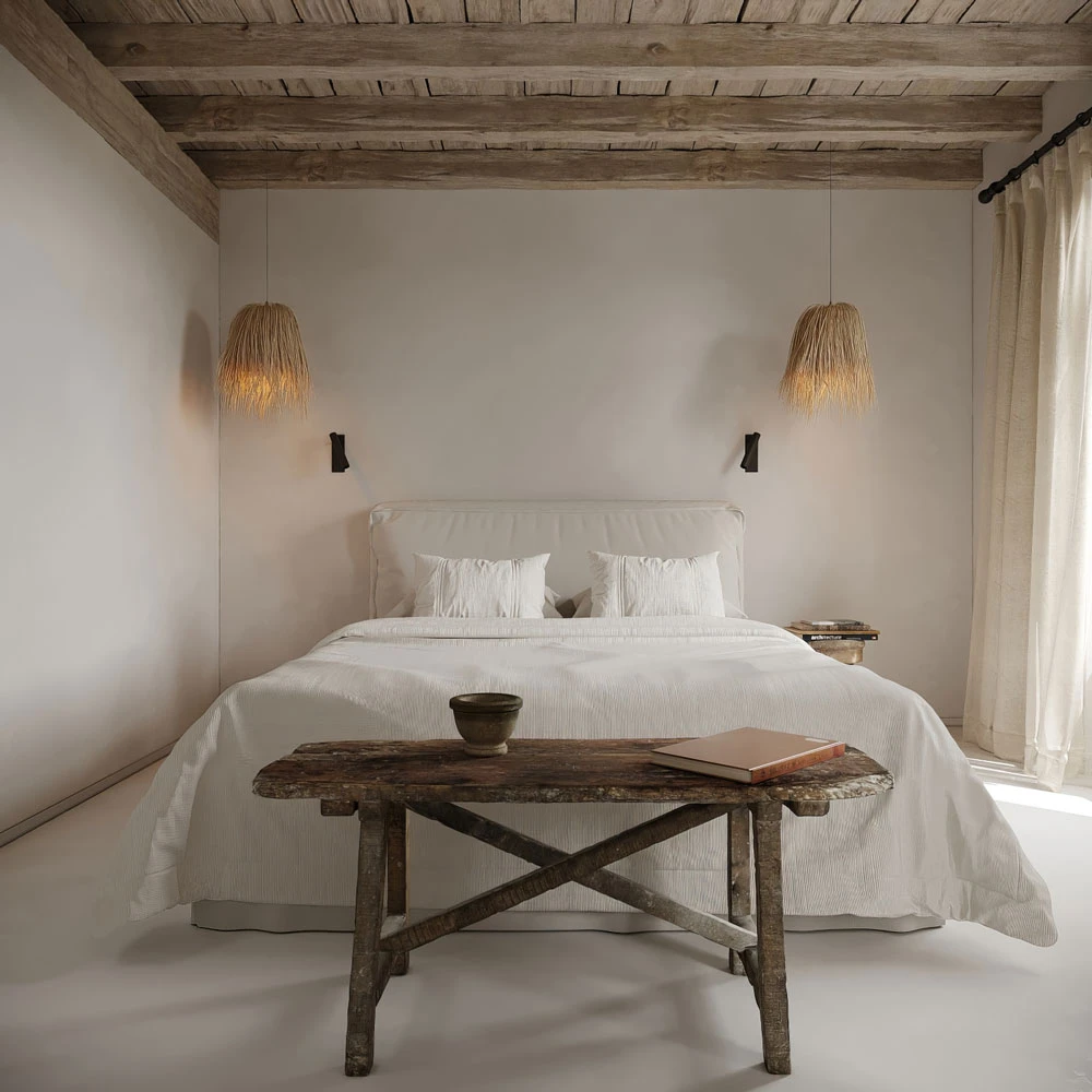 Wabi-sabi Serene Interior Bedroom and Bathroom 3D Scene