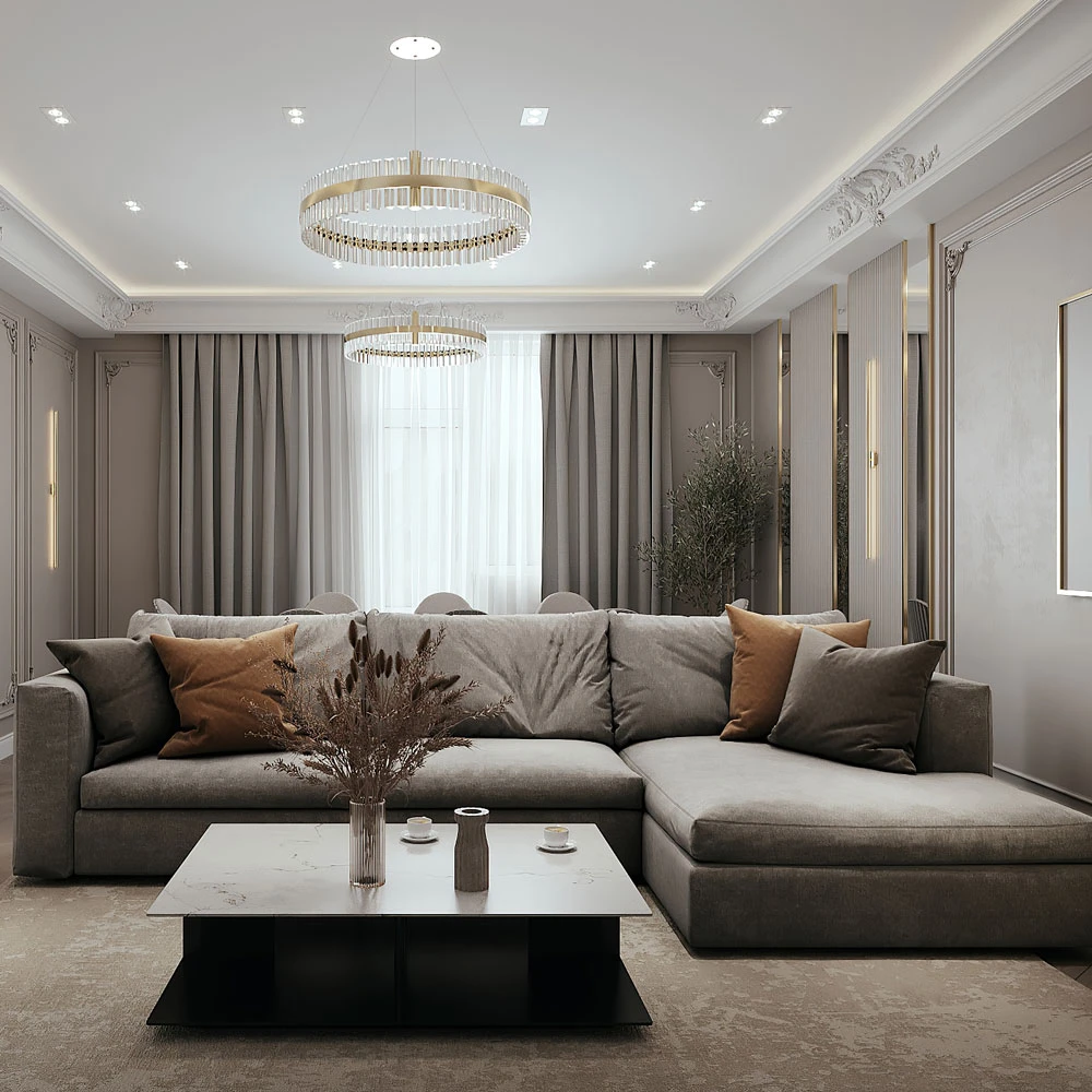 Elegant Neoclassic Living and Dining Room Interior 3D Scene