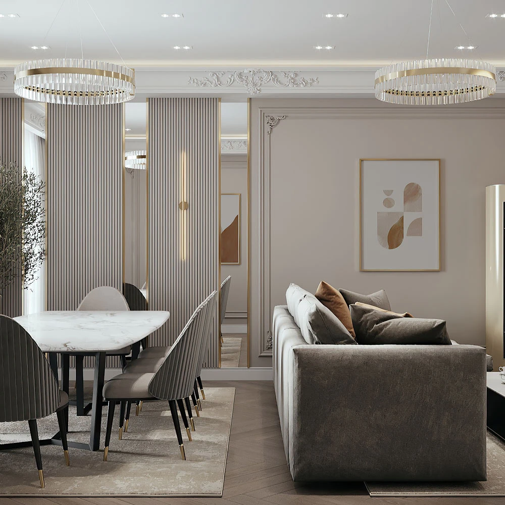 Elegant Neoclassic Living and Dining Room Interior 3D Scene (2)