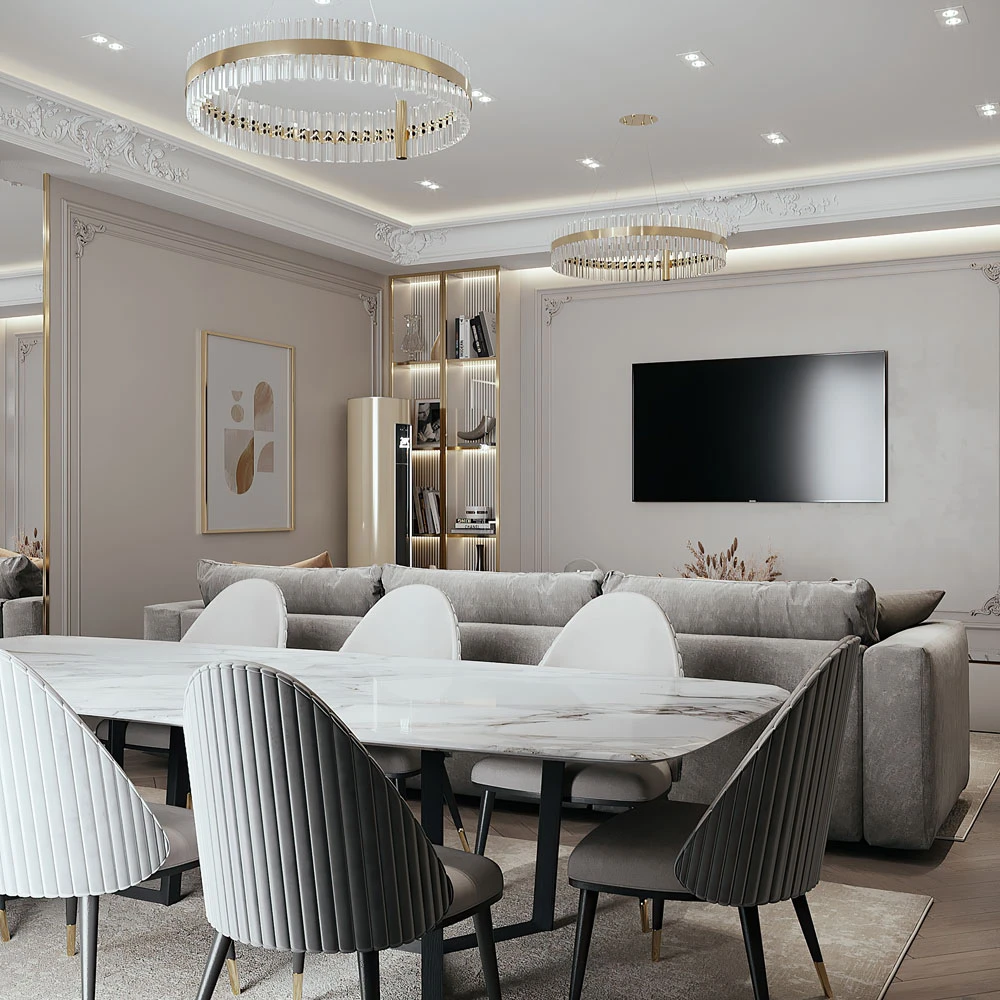 Elegant Neoclassic Living and Dining Room Interior 3D Scene (5)