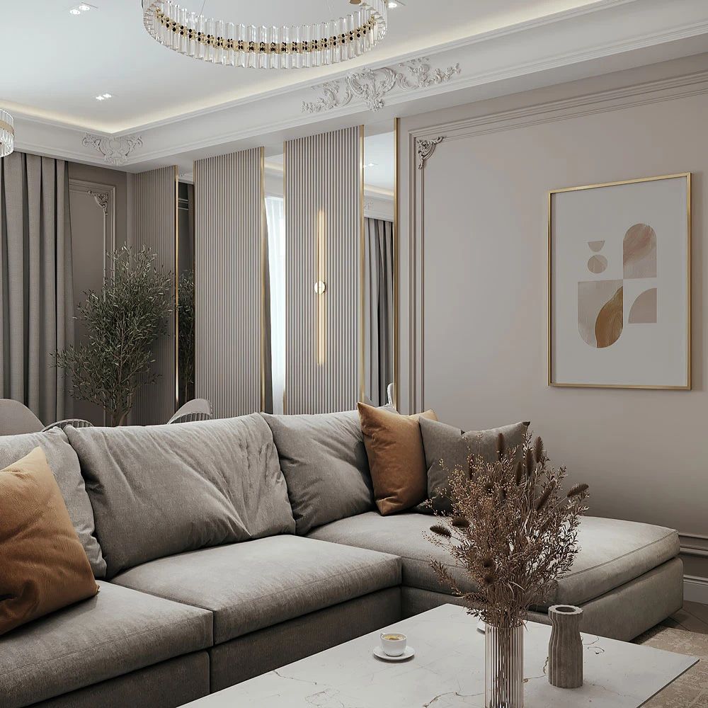 Elegant Neoclassic Living and Dining Room Interior 3D Scene (8)