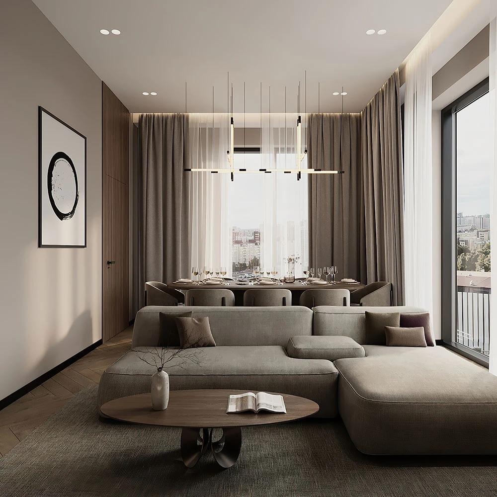 Modern Residential Living and Dining Room 3D Scene (2)