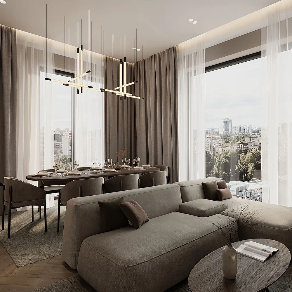 Modern Residential Living and Dining Room 3D Scene (4)