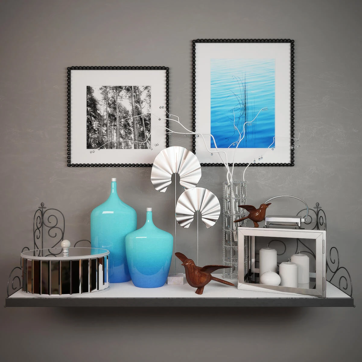 Decorative Set with Wooden Birds and Ceramic Vases