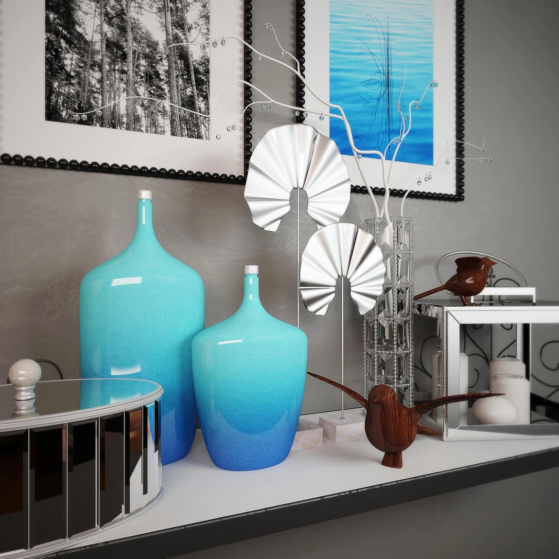 Decorative Set with Wooden Birds and Ceramic Vases (2)