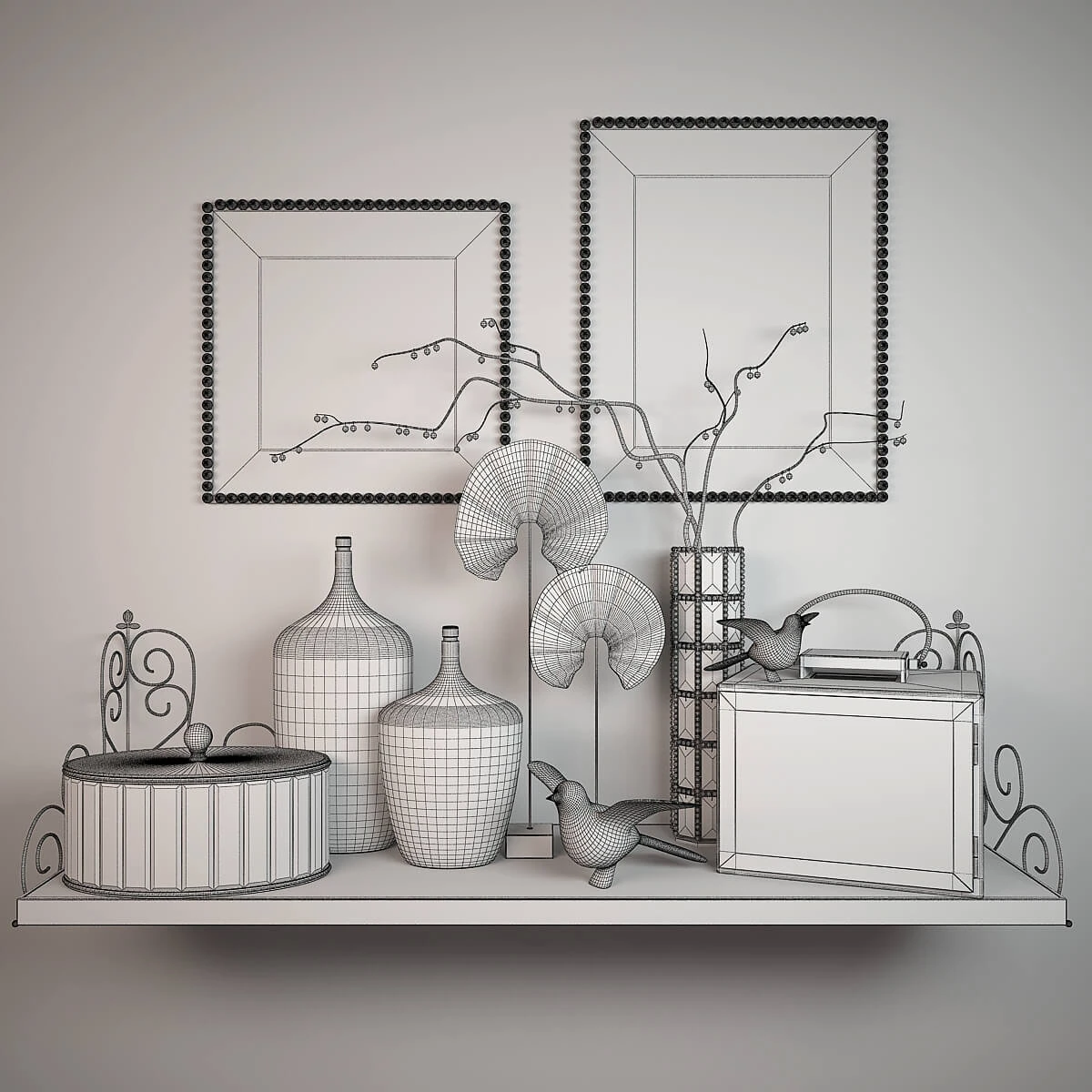 Decorative Set with Wooden Birds and Ceramic Vases (3)