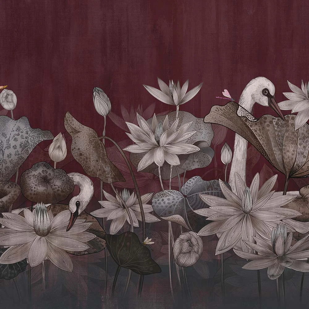 Wallpaper CHINESE SWANS BURGUNDY