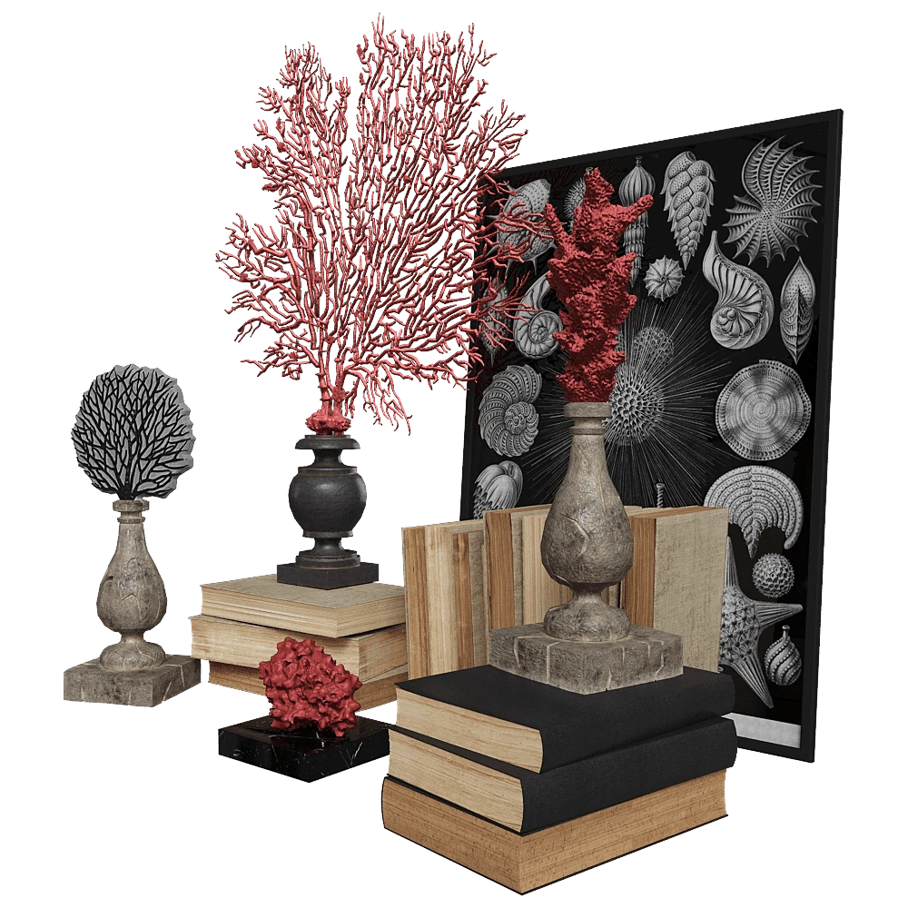 Decorative Set with Coral Sculptures and Antique Books (2)