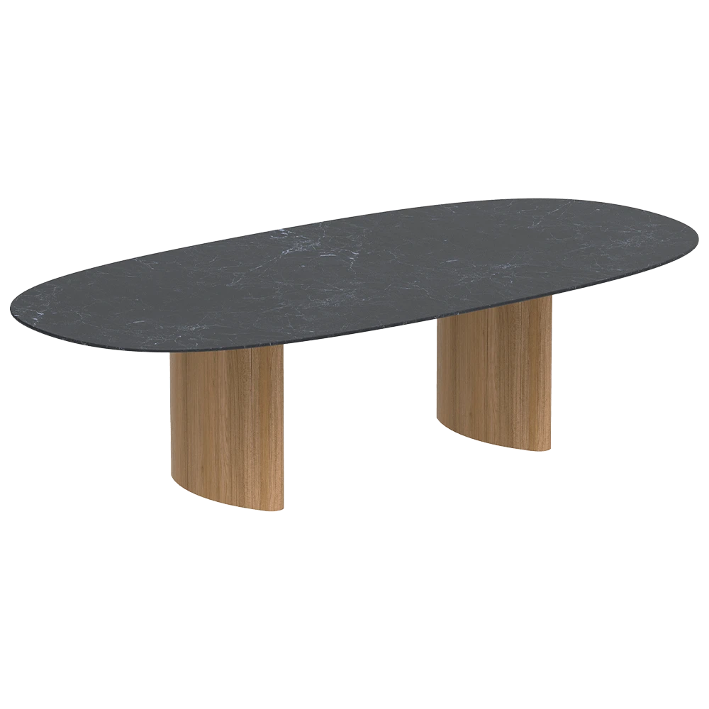 Низкий обеденный стол Royal Botania Regaliz Super Ellipse с круглыми ножками из тика и керамической столешницей