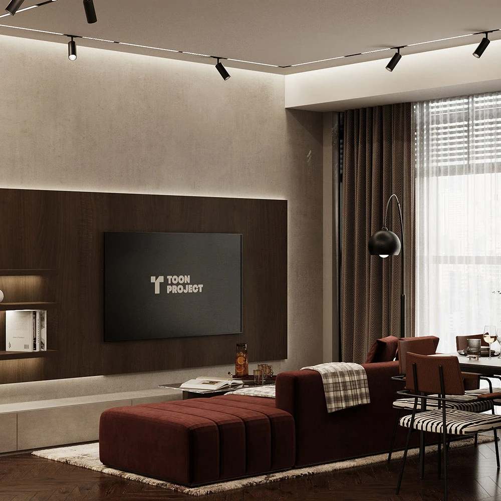 Modern Open Plan Livingroom and Dining Area 3D Scene (12)