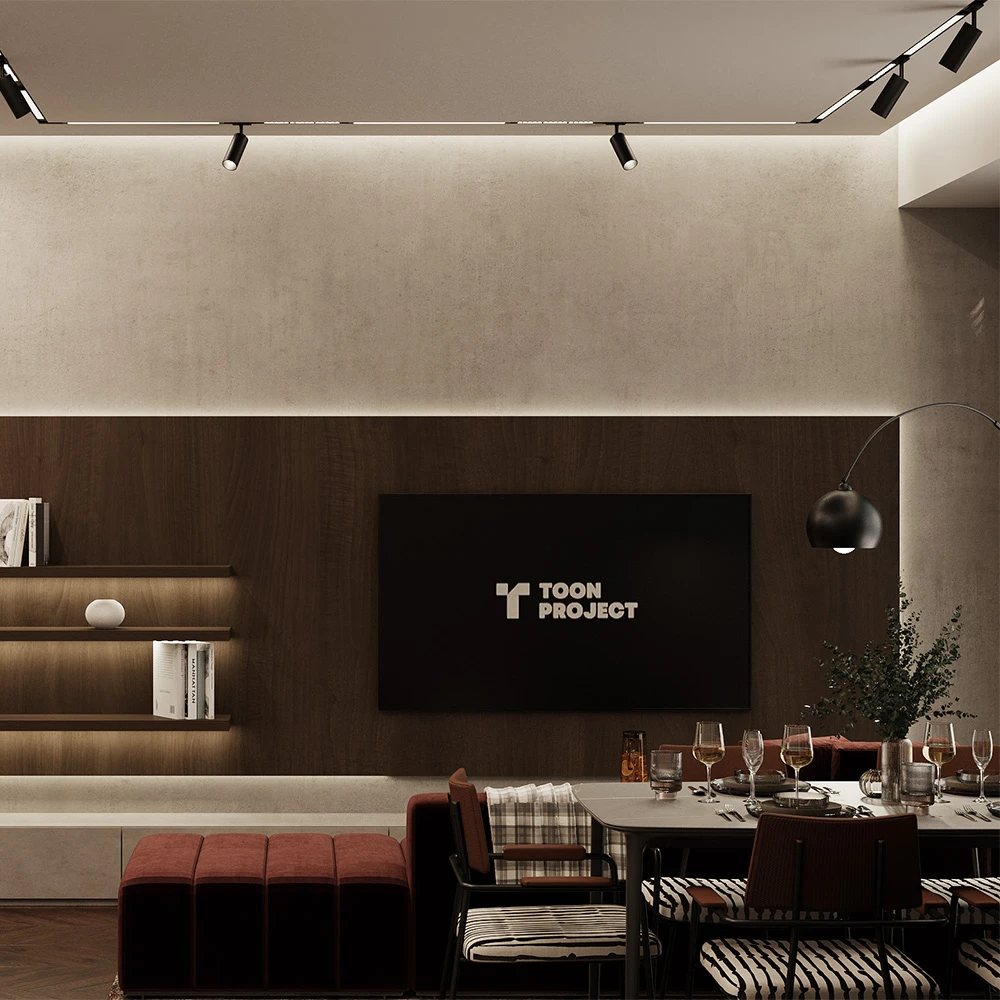 Modern Open Plan Livingroom and Dining Area 3D Scene (7)
