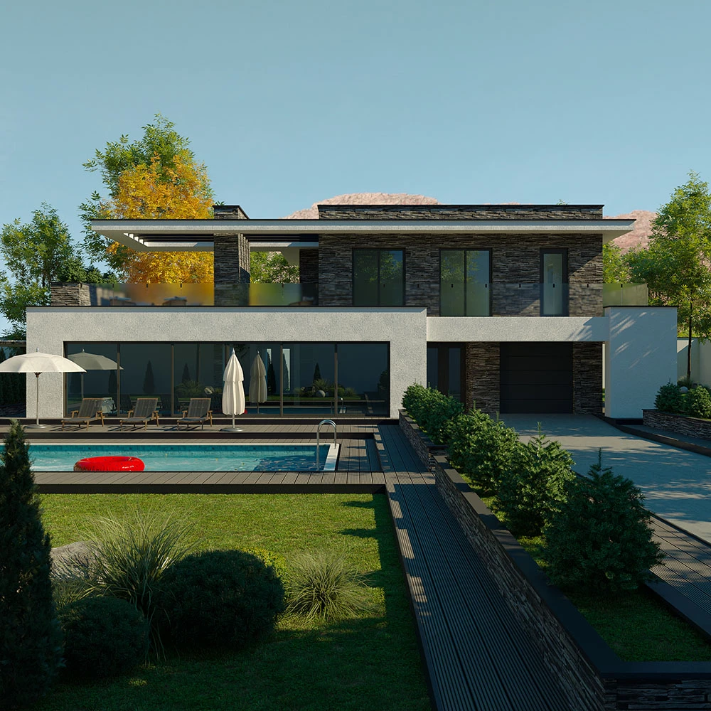 Moderne Luxus-Außenvilla 3D-Szene (4)